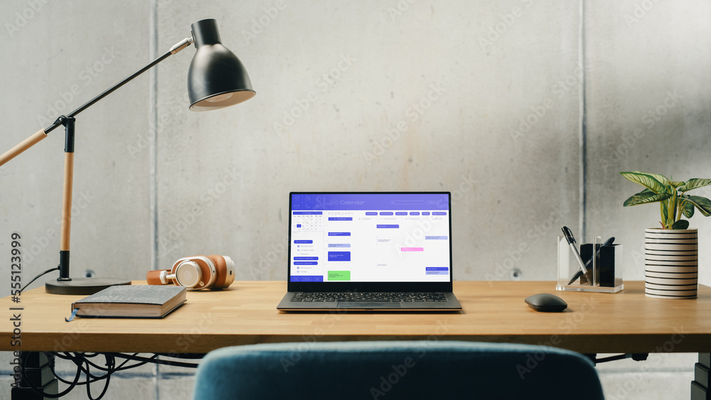 Poster Laptop Computer with Software Platform Screen Display Standing on a Desk. Efficiently Minimalistic Design of Modern Office Space. Business, Scheduling, Website for Time Management and Planning