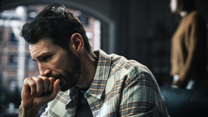 Portrait of Fragile Crying Man being Harrased and Bullied by Partner. Couple Arguing and Fighting...