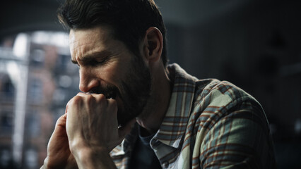 Fototapeta na wymiar Portrait of Emotional Man Crying, Stressed, Having Mental Problems, Dealing with Death in the Family, Loneliness. Male Suffering from Depression, anxiety or other Treatable Disorders