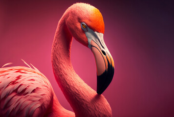 Portrait of a pink flamingo against a pink background. Generitive ai - obrazy, fototapety, plakaty