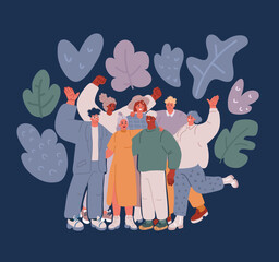 Cartoon vector illustration of Multicultural team. Unity in diversity. People of different nationalities and religions cartoon characters. Multinational society. Teamwork, cooperation