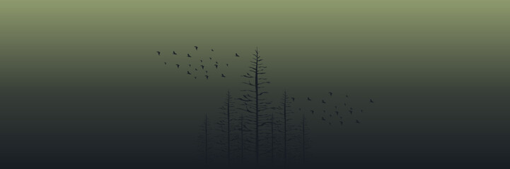 misty forest pine tree silhouette flat design vector banner template good for web banner, ads banner, tourism banner, wallpaper, background template, and adventure design backdrop	