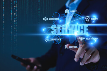 Business service online digital technology. Businessman touching digital globe hologram. Quality business relationship. customer service advice and support. Technology robot assistance online services