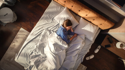 Top View Home: Beautiful Young Woman Sleeps Charmingly in Her Bed, Sun Caresses Her Cheeks,...