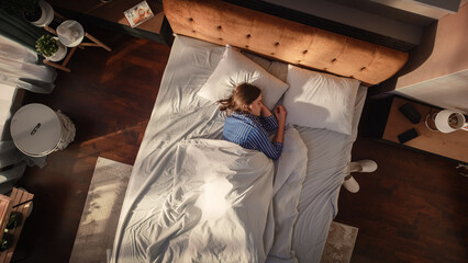 Top View Home: Beautiful Young Woman Sleeps Charmingly in Her Bed, Sun Caresses Her Cheeks,...