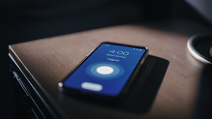 Smartphone Alarm Clock App Rings for Wake up, Screen Shows 