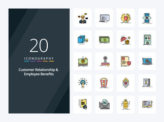 Fototapeta na wymiar 20 Customer Relationship And Employee Benefits line Filled icon for presentation. Vector icons illustration