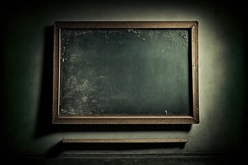 An old and dirty chalkboard hanging on a wall, generative ai