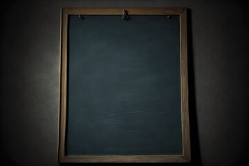 An empty blackboard with a wooden frame on a dark wall, generative ai