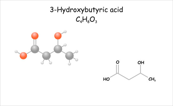 Stylized molecule model/structural formula of 3-Hydroxybutyric acid.