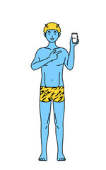 スマホのキャッシュレス・オンライン決済を勧めるトラ柄パンツをはいた青鬼の男性、伝統行事、節分