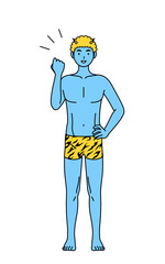 ガッツポーズをするトラ柄パンツをはいた青鬼の男性、伝統行事、節分