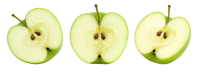 half green apple isolated, transparent png, collection, PNG format, cut out.