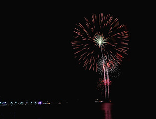  Multicolored fireworks contrast with the black night sky. 