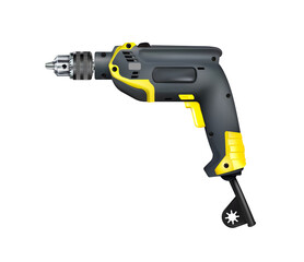 Fototapeta na wymiar Manual Electric realistic drill isolated. Construction tool detailed icon. Yellow black corded professional instrument for metalworking. Png