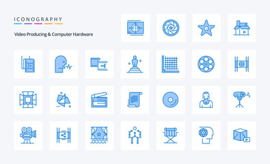 25 Video Producing And Computer Hardware Blue icon pack. Vector icons illustration