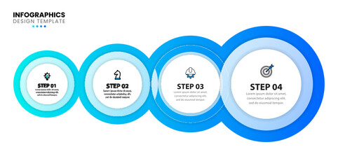Infographic template. 4 blue gradually increasing connected circles. Vector