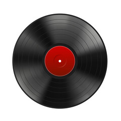 Realistic black vinyl record with red label. Blank mock up. Highly detailed. png