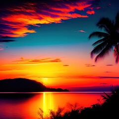 Fototapeta na wymiar 3159648933-dreamlikeart, Tropical sunset or sunrise with lake background__ ### Deformed, blurry, bad anatomy, disfigured, poorly 