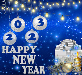 happy new year celebration holiday with blue shinning background and greeting design in vector illustration winter season with light snowflake best glow fun white greeting festival.