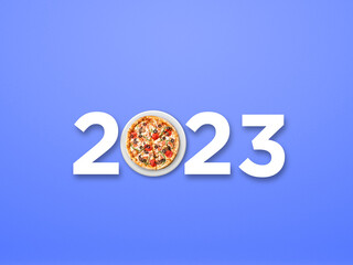 New year greetings, 2023 and happy new year pizza screen.