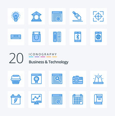20 Business & Technology Blue Color icon Pack. like bell. technology. browser. photography. camera