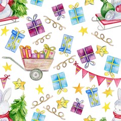 Seamless pattern with hares, stars, ribbons and candies drawn in cartoon style. Festive simple background for wrapping paper, fabrics, pastry, scrapbooking.