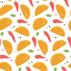 Seamless pattern with Mexican Empanadas with chili peppers on white background. Vector flat hand drawn illustration latin american food for packaging, textile