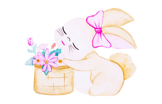 Cute rabbit hugging a flower basket. watercolor painting on white background.