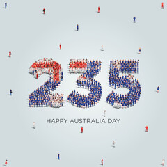 Happy Australia Day Design. A large group of people form to create the number 235 as Australia celebrates its 235th Australia Day on the 26th of January.