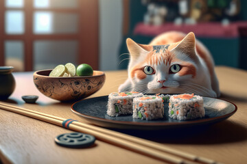 Fototapeta na wymiar Cats and sushi, the chef cat