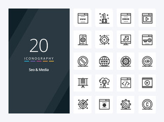 20 Seo & Media Outline icon for presentation. Vector Line icons illustration