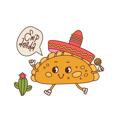 Empanadas retro cartoon mascot in sombrero hat. Food character vector illustration isolated on a white background