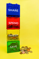 Invest, spend, save, share savings boxes, money financial business wealth assets allocated plan, goal achievement purposes, future plan, growing and investment , well management. Money allocated