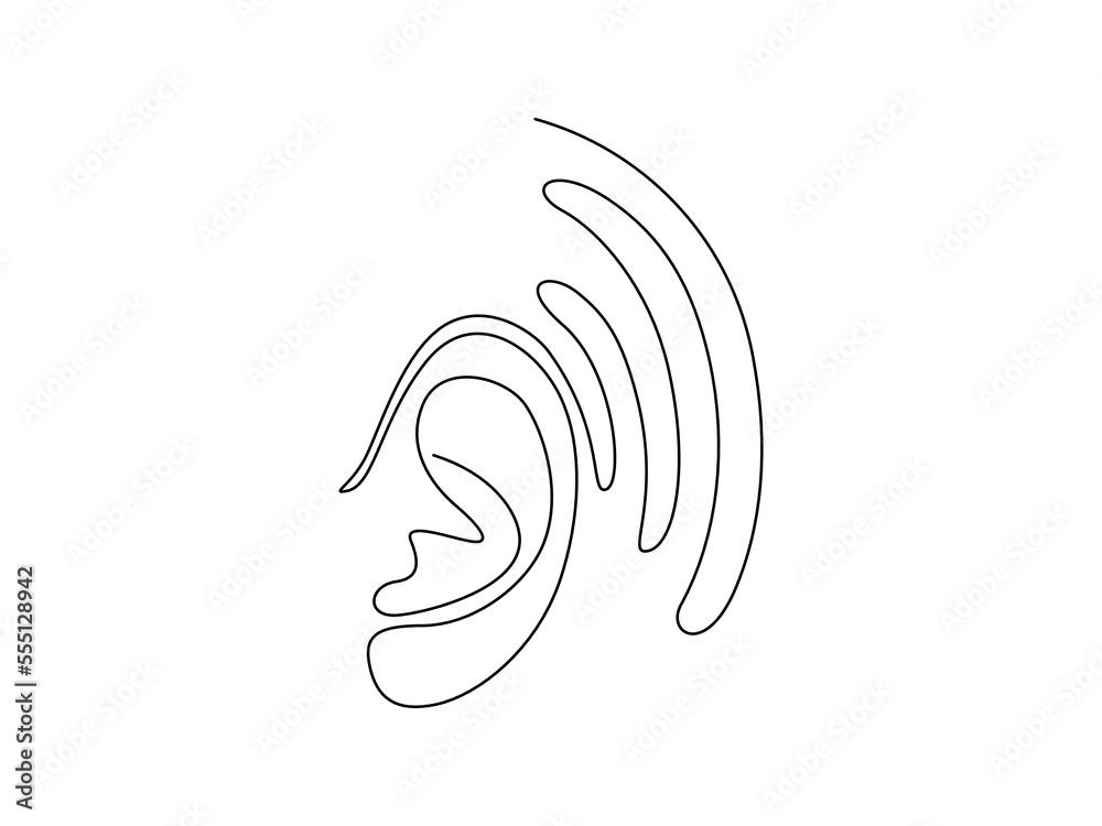Poster one continuous line drawing of human ear. icon symbol of hear health and sensory aid in simple linea