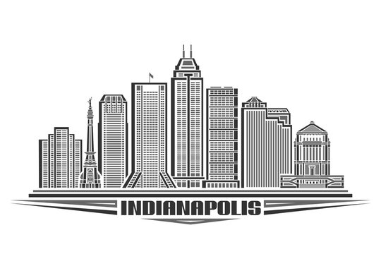 Vector illustration of Indianapolis, monochrome horizontal poster with linear design indianapolis city scape, urban line art concept with decorative lettering for text indianapolis on white background