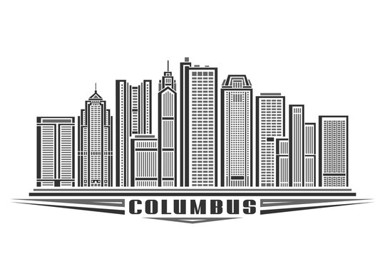 Vector illustration of Columbus, monochrome horizontal sign with linear design famous columbus city scape, american urban line art concept with decorative letters for text columbus on white background