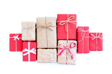 Red and Brown paper gift boxs with bow isolated on white background 