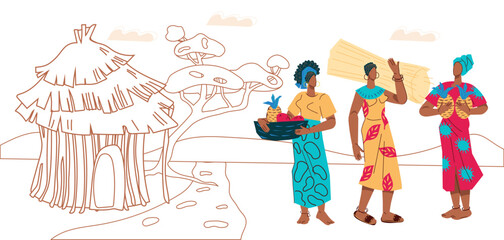 African country women in village with huts with thatched roofs, flat hand drawn vector illustration isolated on white. African village and women in ethnic clothes for travel and vacation topics.