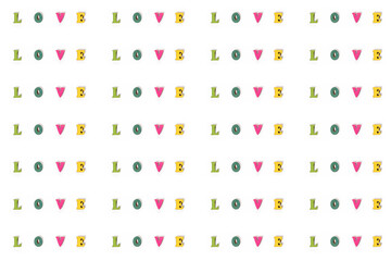 Inscription love made of wooden letters with hearts for Valentines Day. Festive hearts for declaration of love and strong relationship. Pattern.