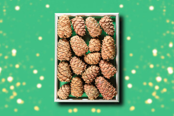 The frame of the picture is made of cedar cones. Healthy food and diet food. Art from natural objects