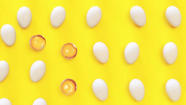 Close up White egg and egg yolk  on yellow table top. 3D animation. Slow motion. flat lay