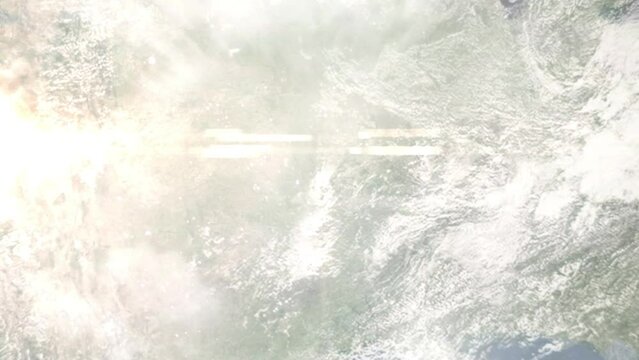 Earth zoom in from outer space to city. Zooming on Broken Arrow, Oklahoma, USA. The animation continues by zoom out through clouds and atmosphere into space. Images from NASA