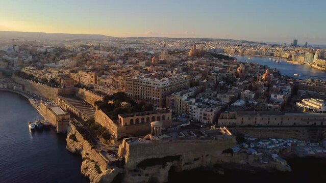 Valletta (Fort St. Elmo), landscape view, sunset time drone top shot, Malta