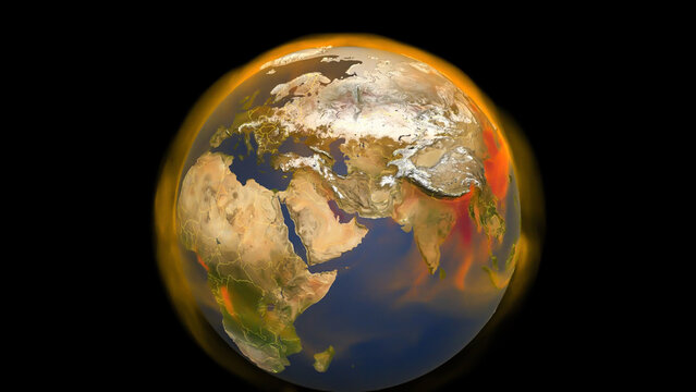 A 3D visual shows the sources and global movement of methane, a greenhouse gas that is the second-largest contributor to warming on Earth. Global warming. Digitally enhanced. Elements of image by NASA