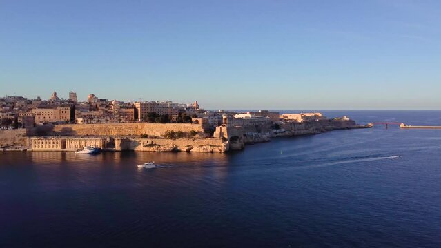 Valletta (Fort St. Elmo), landscape view, sunset time drone top shot, Malta