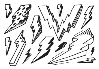 set of hand drawn vector doodle electric lightning bolt symbol sketch illustrations. thunder symbol doodle icon.