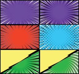 Comic book colorful frames background with rays. radial. halftone and dotted effects pop art style