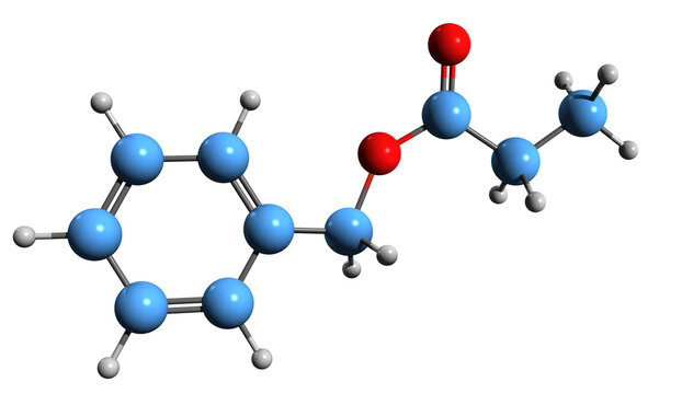  3D image of Benzyl propanoate skeletal formula - molecular chemical structure of Phenylmethyl propanoate isolated on white background
