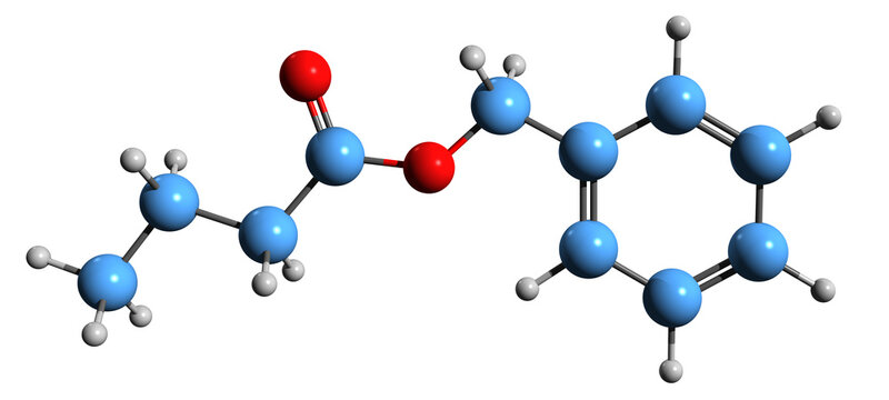  3D image of Benzyl butyrate skeletal formula - molecular chemical structure of Phenylmethyl butanoate isolated on white background
